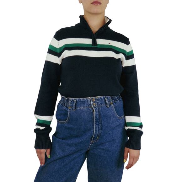 Vintage Tommy Hilfiger Women's Navy & Green Knit Striped Quarter Zip Sweater XL - Picture 7 of 7